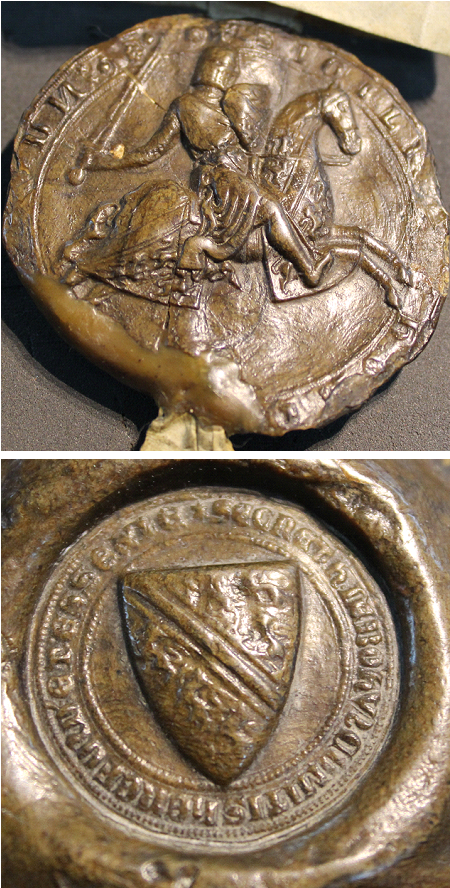 Seal of Humphrey (III) de Bohun (d.1298), from 1270s, showing him as mounted warrior with arms of a bend between ?two lions rampant (obverse) and a shield of arms of a bend cotised between six lioncels (reverse)